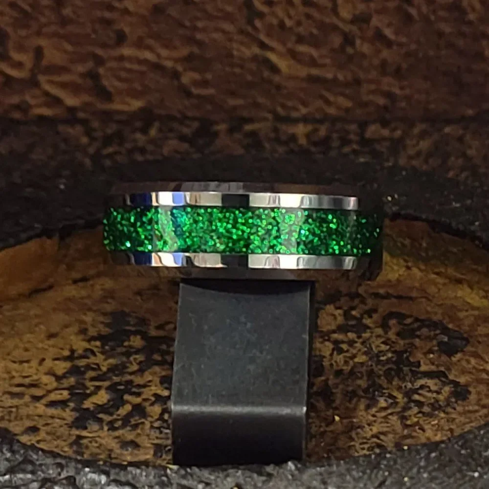 Personalized Men's Green Emerald Galaxy Tungsten Promise Ring  or Wedding Ring